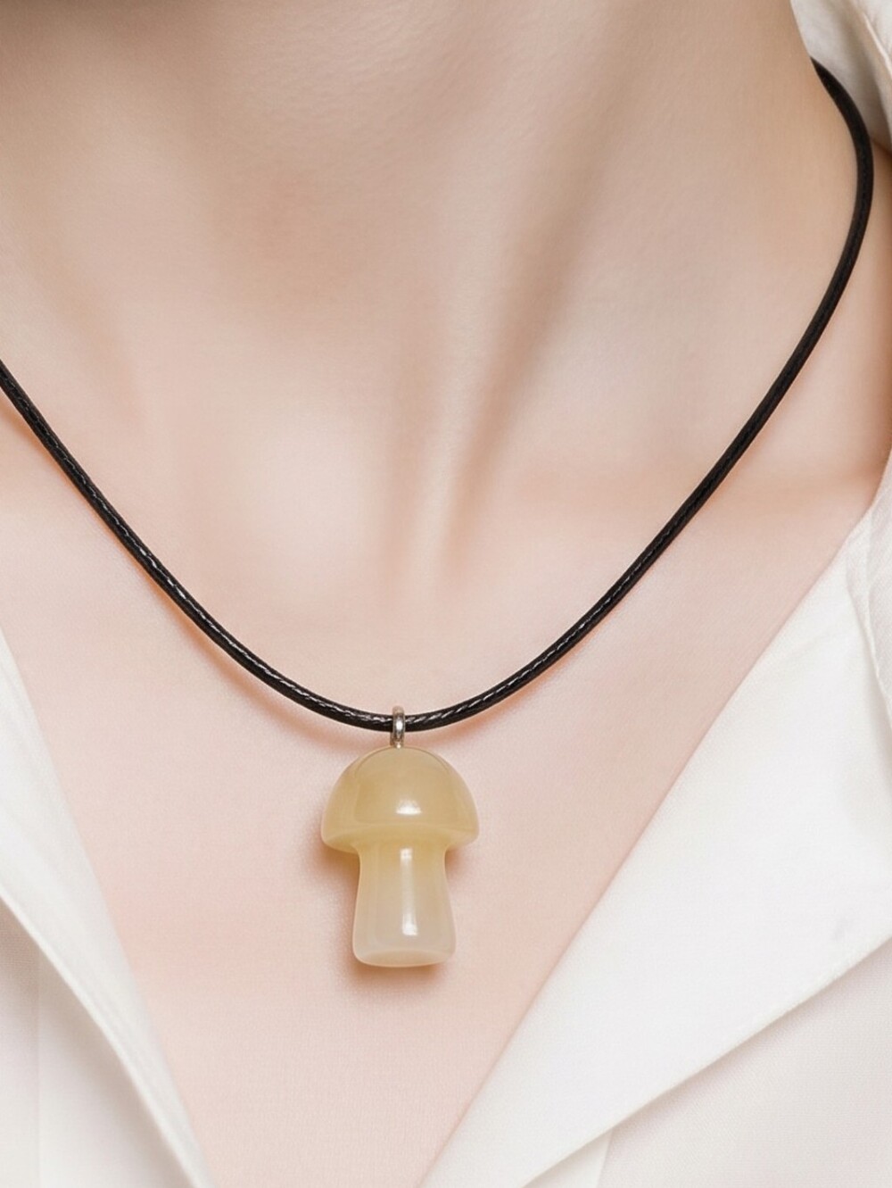Lemon Calcite Mushroom Necklace Natural Stone Toadstool Cottagecore Pendant